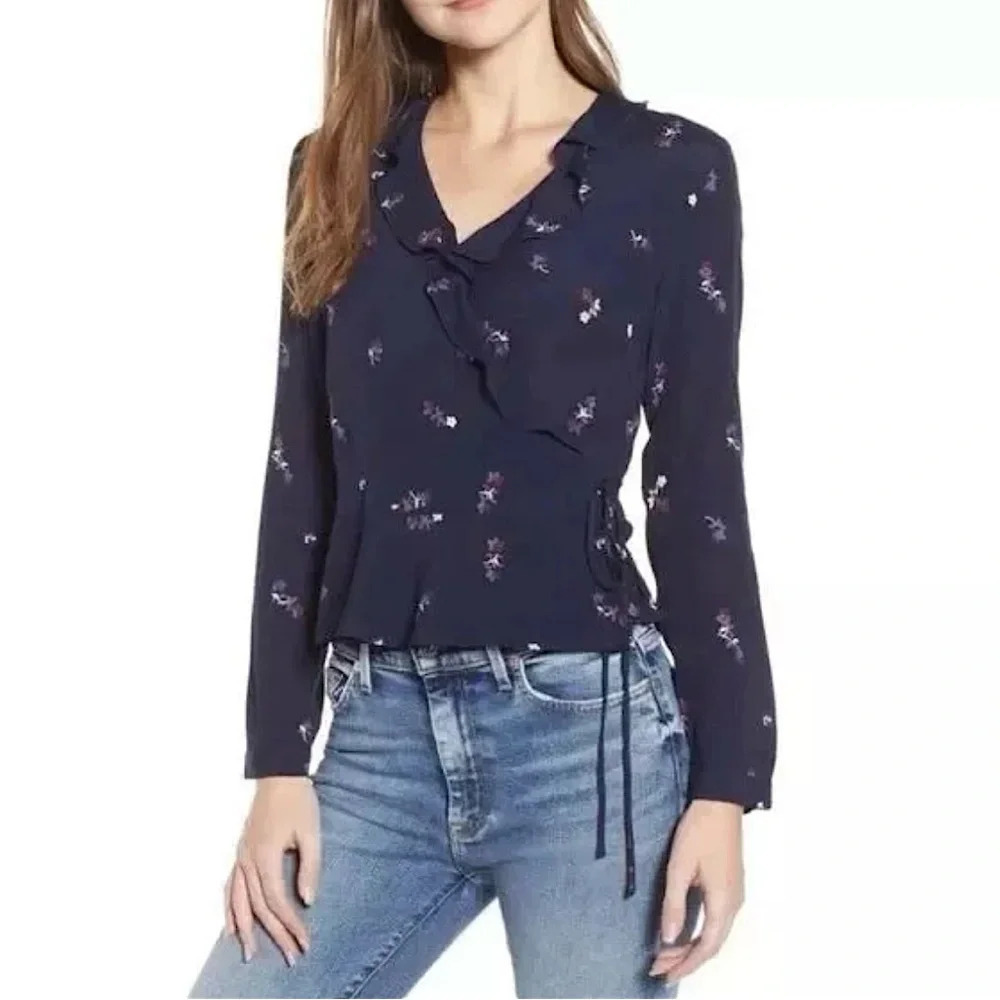Rails Simone Womens S Kyoto Floral Navy Blue Chiffon Ruffle Wrap Blouse Top